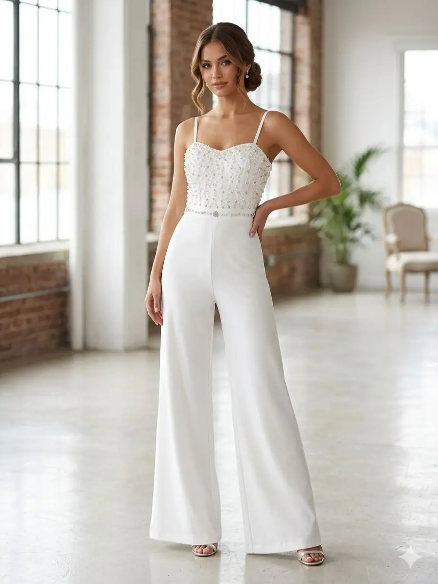 WENRY Women's Summer Sleeveless Overalls - Pearl & Rhinestone Accents, Woven Breathable Fabric, Fitted Slim-Fit, Adjustable Straps, Stylish Jumpsuit, Fashion, Style, Chic Sweet, Breathable Weave, Adjustable Straps Tailor Your Fit