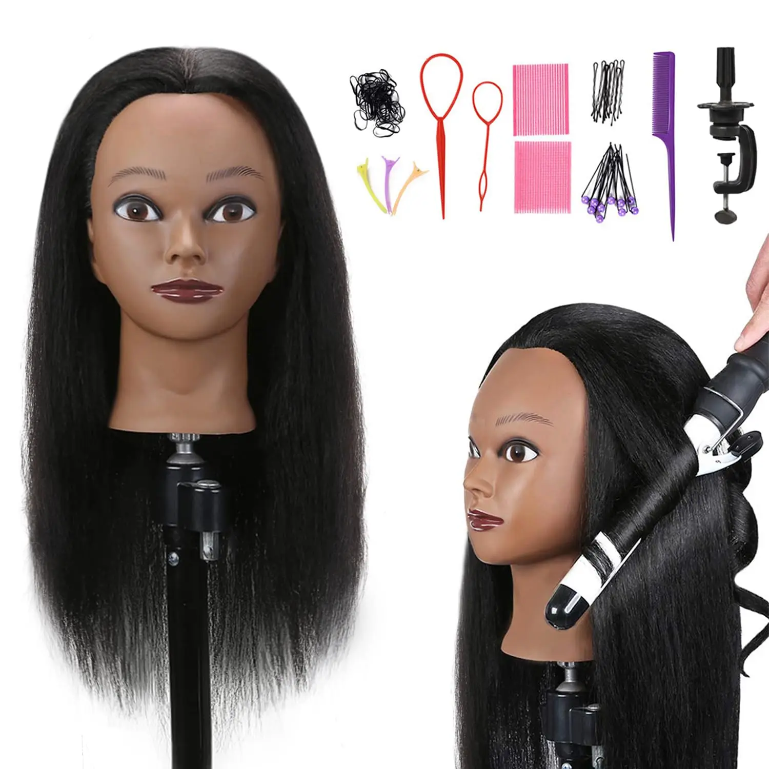 Real Hair Mannequin    with stand, 18" Hairdresser  Mannequin Manikin  Practice  Doll for Female Hairstyling - Black