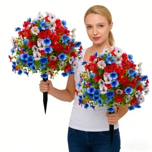 1 set of Independence Day artificial flower arrangement, Fake Flowers Outdoor, resistant to UV rays, no maintenance required, suitable for garden lawns, front flower pots, realistic eucalyptus leaves and flowers