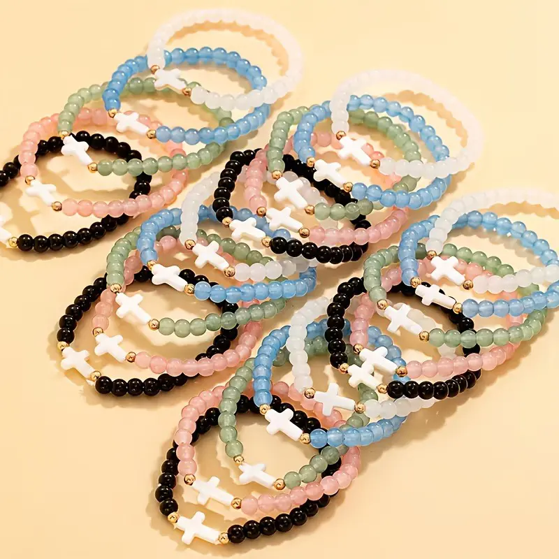 20pcs Mix Elegant Cross Glass Bead Bracelet Set, Multi-layer Elastic Wristband Accessories, Suitable for Daily Wear And Party Occasions,summerwins
