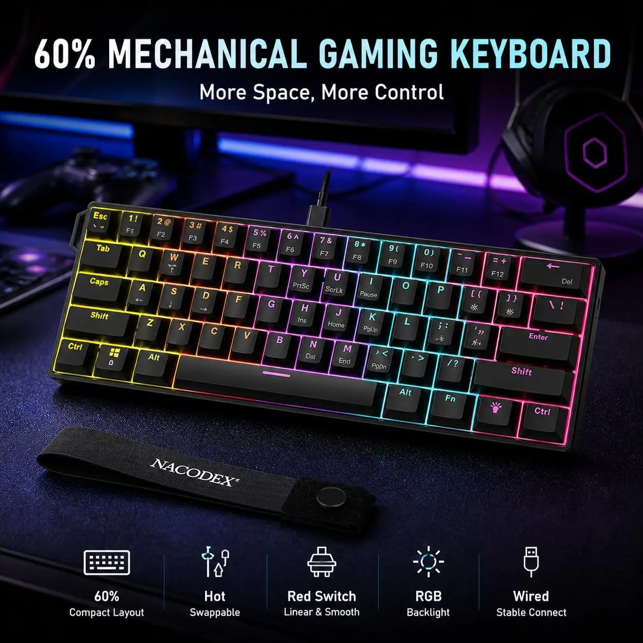AJAZZ NK61 Mechanical Keyboard Hot Swappable ,  60%  Keyboard 61 Keys RGB Mixed Backlit Wired Red Switch Compact Gaming Keyboard for PC Mac Laptop