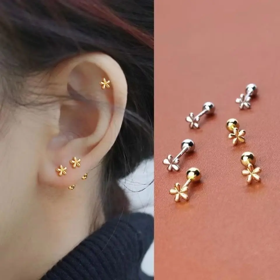Women's Tiny Screw Back Small Stainless Steel Golden Flower Stud Earrings - Piercing Safe Casual Wear Accessories, New Fashion Gifts
