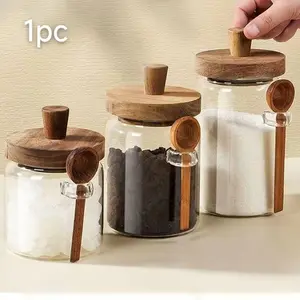 Glass Coffee & Food Storage Jars, Canister with Wood Lids & Matching Spoons, Airtight Round Food Containers, Food Grade BPA-Free Mason Jars for Coffee Beans Tea Cereal Spice Canning, Portable Coffee Sets, Ideal Thanksgiving Valentine's Day Christmas Gift