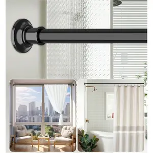 Tension Curtain Rod, Extra Long Outdoor Curtain Rod 43-120 Inch Adjustable, 1.1 Inch Diameter Thick Heavy Duty Black Shower Curtain Rod, Stainless Steel Shower Rod for Bathroom No Drilling, No Rust