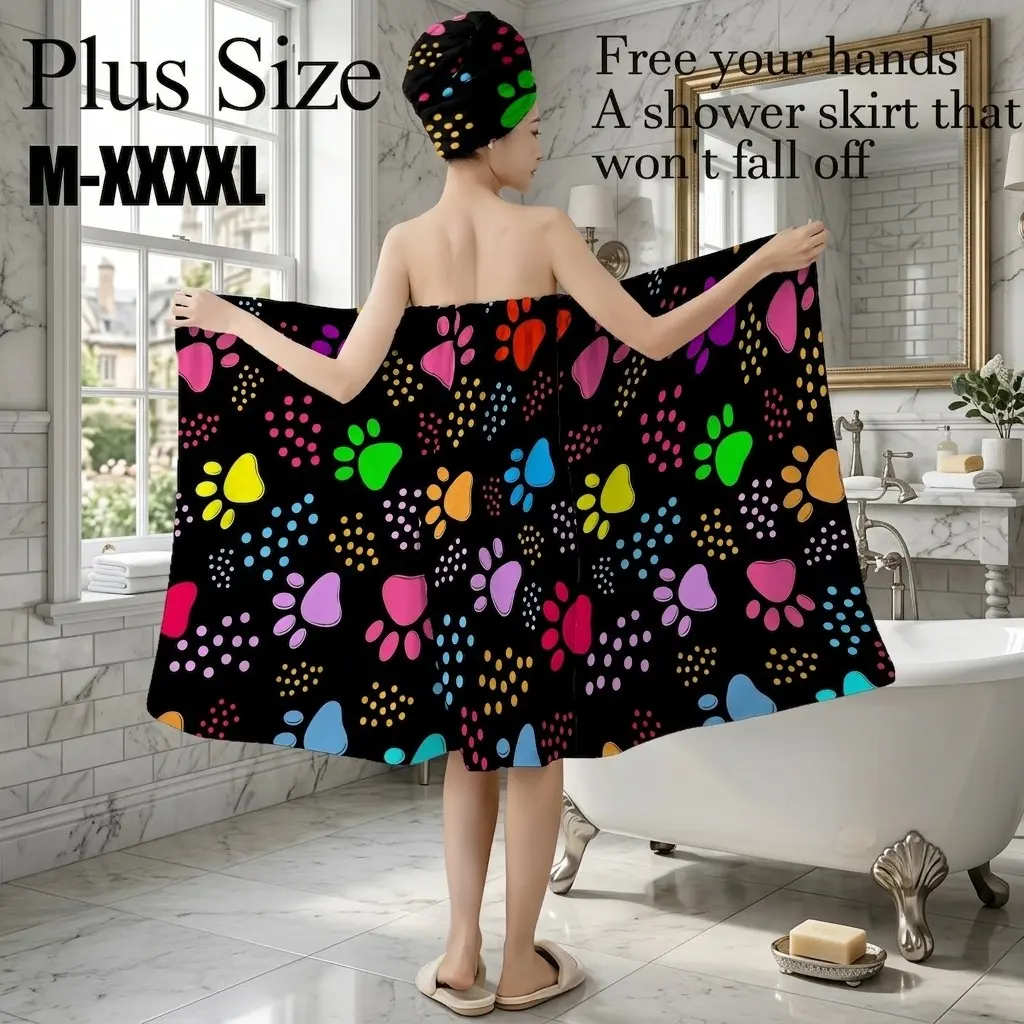 Plus Size M-XXXXL Colorful Paw Print Bath Wrap Skirt & Hair Towel Set, Non-Slip Adjustable Shower Skirt for Bathroom, Spa, Pet Lover Gift, Summer Festival, Bathroom Towel Sets