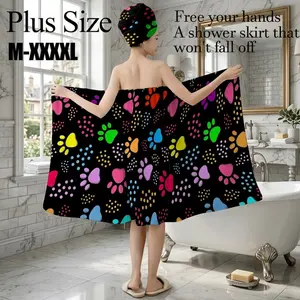 Plus Size M-XXXXL Colorful Paw Print Bath Wrap Skirt & Hair Towel Set, Non-Slip Adjustable Shower Skirt for Bathroom, Spa, Pet Lover Gift, Summer Festival