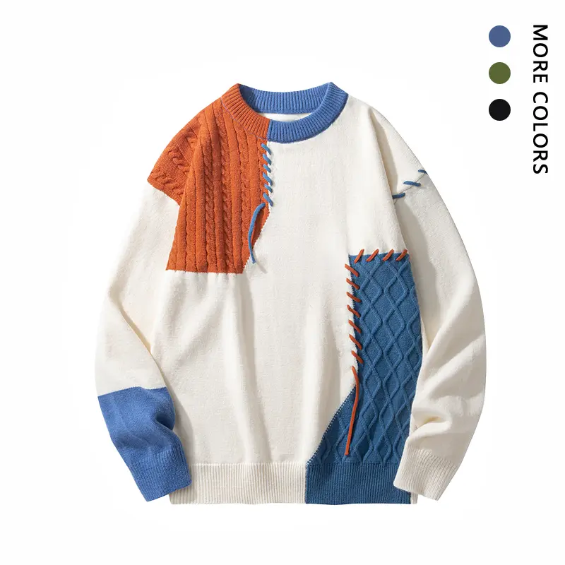 Men's Long-Sleeve Retro Pullover - Round Neck, Straight Tube, Neutral Wallet-Style, College Casual, Dopamine Color Splicing Soft Patchwork Casual Knitwear Essential Menswear Top