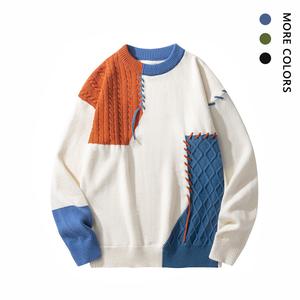 Men's Long-Sleeve Retro Pullover - Round Neck, Straight Tube, Neutral Wallet-Style, College Casual, Dopamine Color Splicing Soft Patchwork Casual Knitwear Essential Menswear Top