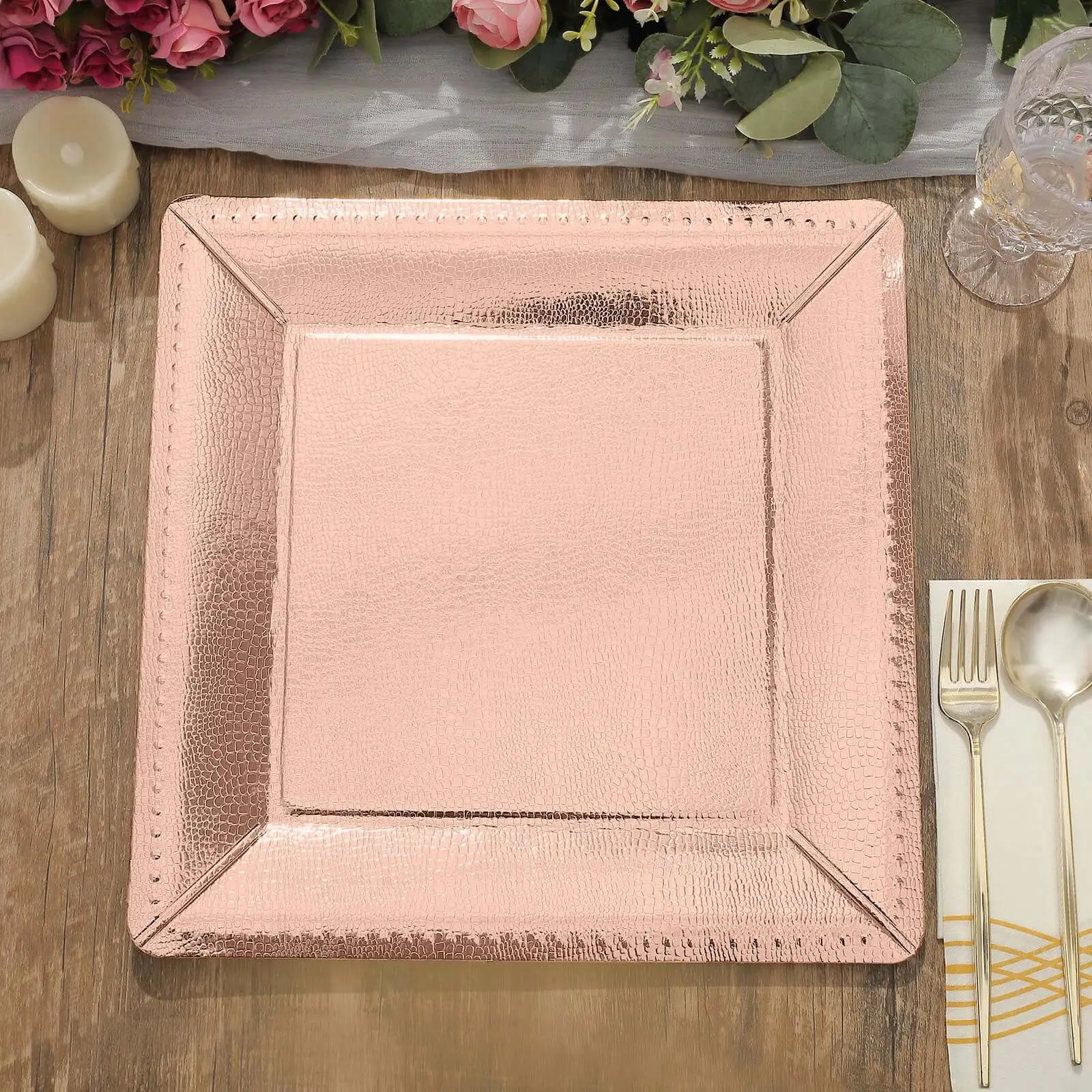 Disposable Square Charger Plates, 10 Pieces 13 Inches Rose Gold Leather-Like Texture 1100GSM Heavyweight Paper Chargers for Food Serving, Party, Birthday, Wedding