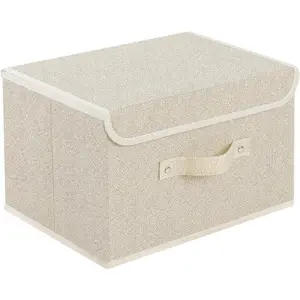 Storage Boxes, Collapsible Storage Bins with Lids, Cotton and linen cloth Storage Baskets with Handle, for Books, Closet, Bedroom, Home, 13x9.1x7.9 in, Grey and Beige