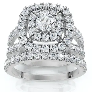 1 1/10 Ct Lab Grown Diamond Cushion Halo Engagement Wedding Ring Set White Gold