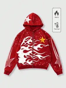 Y2K Flame Star Graphic Hoodie, Unisex Loose-Fitting Pullover, Pop Art Print Street Style, Fall & Winter Fashion, Graphic Casual Hoodie, Graphic Hooded Sweatshirt