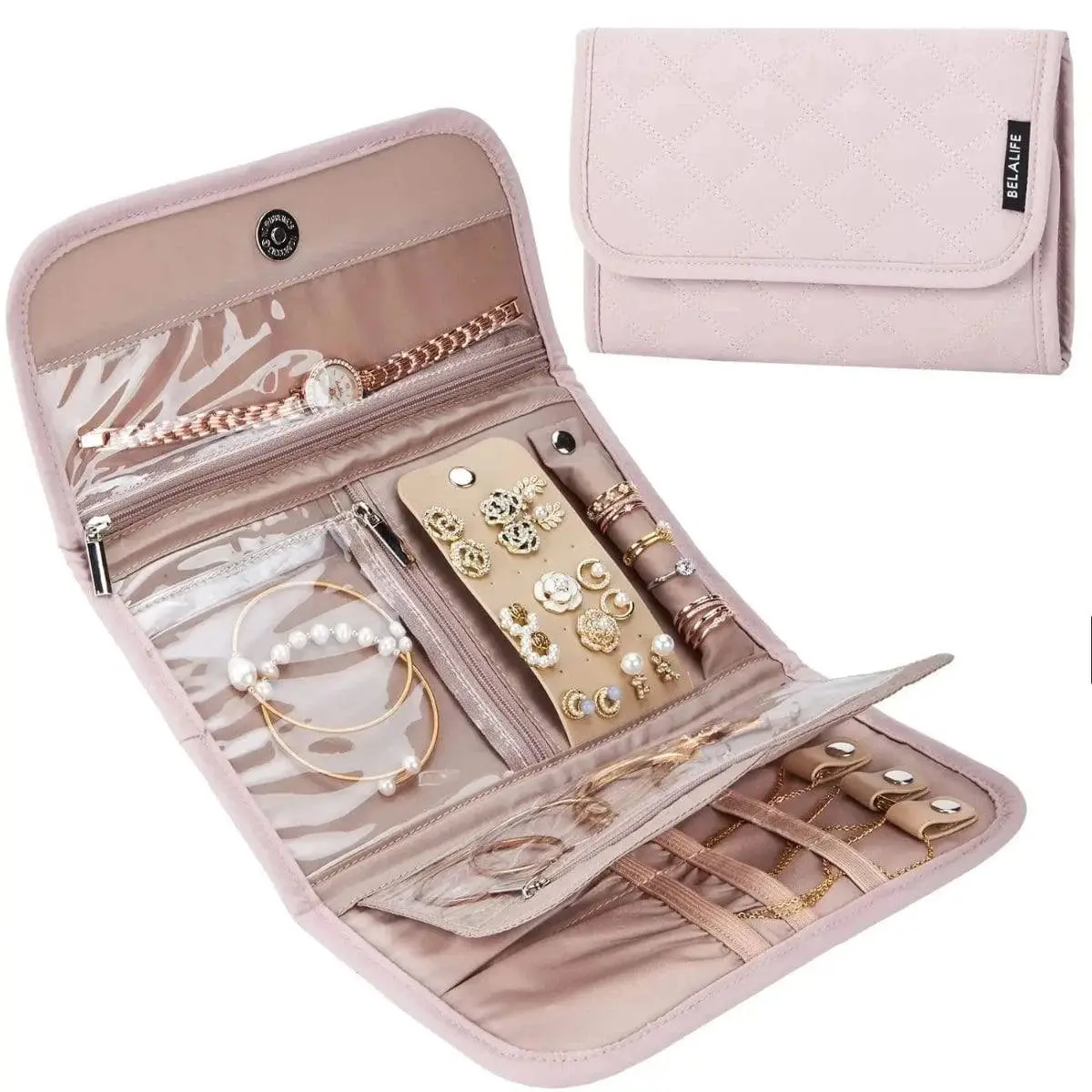Quilted Travel Jewelry Organizer Roll – Tangle-Free Necklace & Ring Storage Pouch