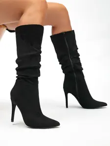 Women's Fashion Side Zipper Pointed Toe High Heel Knee Boots, Heeled Knee Boots, Outdoor Faux Fur Solid Color Wrinkled Boots for Fall Winter