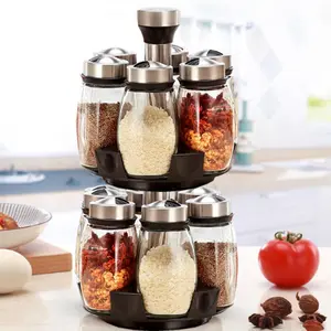 Spice Jars with Rack, Revolving Spice Rack Organizer Countertop Stainless Steel Seasoning Rack Set with 6 Glass Jar Bottles Set for Home Kitchen (Double layer)