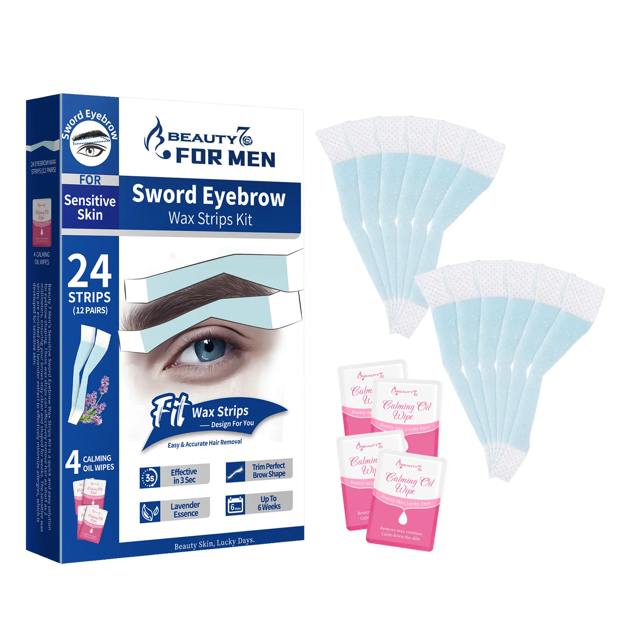 Beauty7 Men's Multi-Pack Double-Side Sword Shape Eyebrow Wax Strips Kit - 24 Wax Strips, 4 Calming Oil Wipes, Lavender-Infused Natural Hypoallergenic Hair Removal, 3-Sec App, Long-Lasting 6-Week Smoothness, Botanical, For All/Sensitive Skin, Root Removal