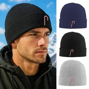 S&T 1 Piece Unisex Knitted Hat with Candy Stripes (Red/White) and Candy Tip - Windproof and Warm Acrylic Winter Hat for Men and Women, Christmas Ski Hat, Hand Washable Cold Weather Accessory - Black Base, Multiple Colors Available