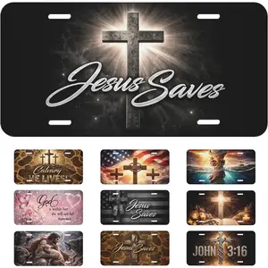 Jesus Saves Cross Front License Plate 6x12 – Christian Faith Aluminum Vanity Tag for Car Truck SUV – Religious Gift with 4 Holes