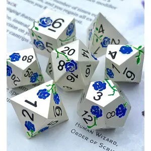 Mithril: Royal - Solid Metal Floral Pattern 7 Piece Sharp Edge Dice Set - Silver With Royal Blue Flowers and Vines- DnD, TTRPGs, Pathfinder