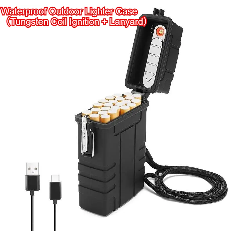 Outdoor Portable Rechargeable Weatherproof Lighter Case with USB-C Charging - Fits 20 Units, Plasma Igniter Included, Ideal for Camping