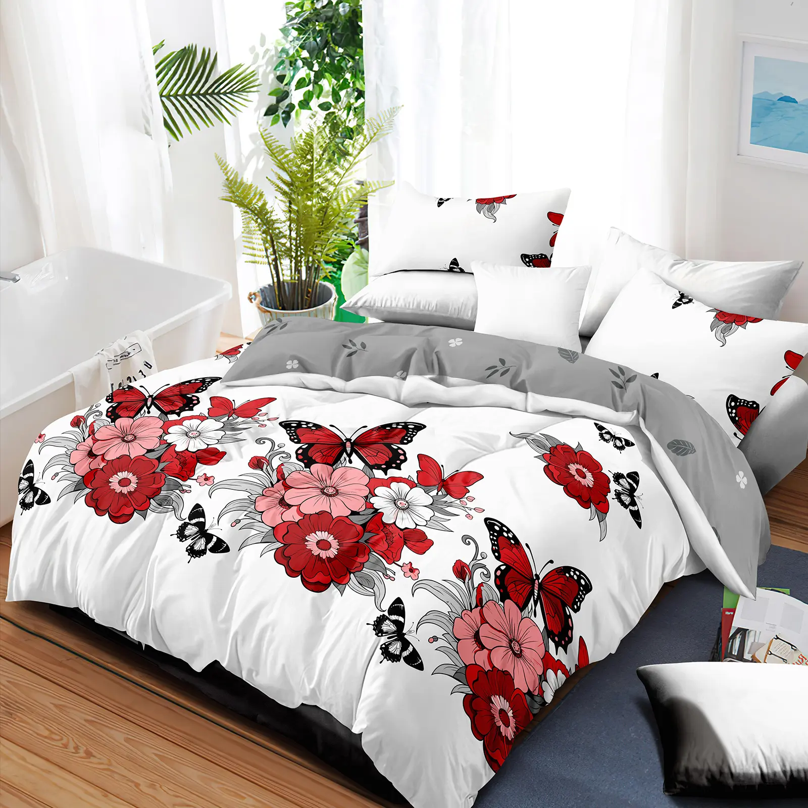 Red Butterfly Peony 4-Piece Duvet Cover Set – 100% Bamboo  Includes 2 pillowcases + 1 duvet cover + 1 fitted sheet |Wrinkle & fade resistant, ultra soft, machine washable Queen/King/CalKing #ButterflyPeony #BambooDuvet