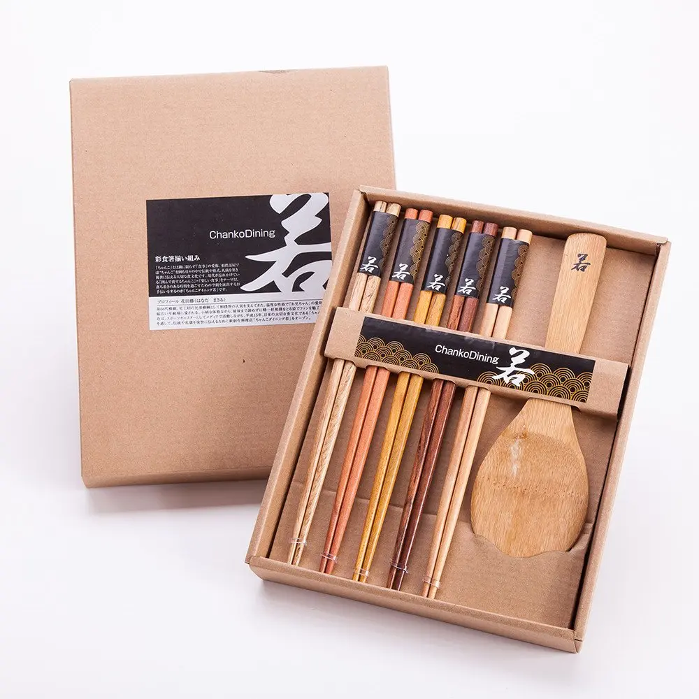 Thy Home 6-Piece Eco-Friendly Wooden Kitchenware Gift Set - 5 Pairs of 9" Manual-Finish Chopsticks, 1 Moso Bamboo Rice Paddle & Spoon, Natural Grain Non-Plastic Tableware Alternative