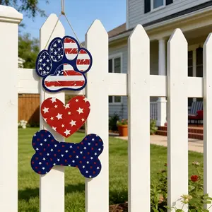 July 4th Patriotic Wreath Pet Footprint Hanging Decor, Independence Day Wreath for Front Door Decoration, Memorial Day Home Decor