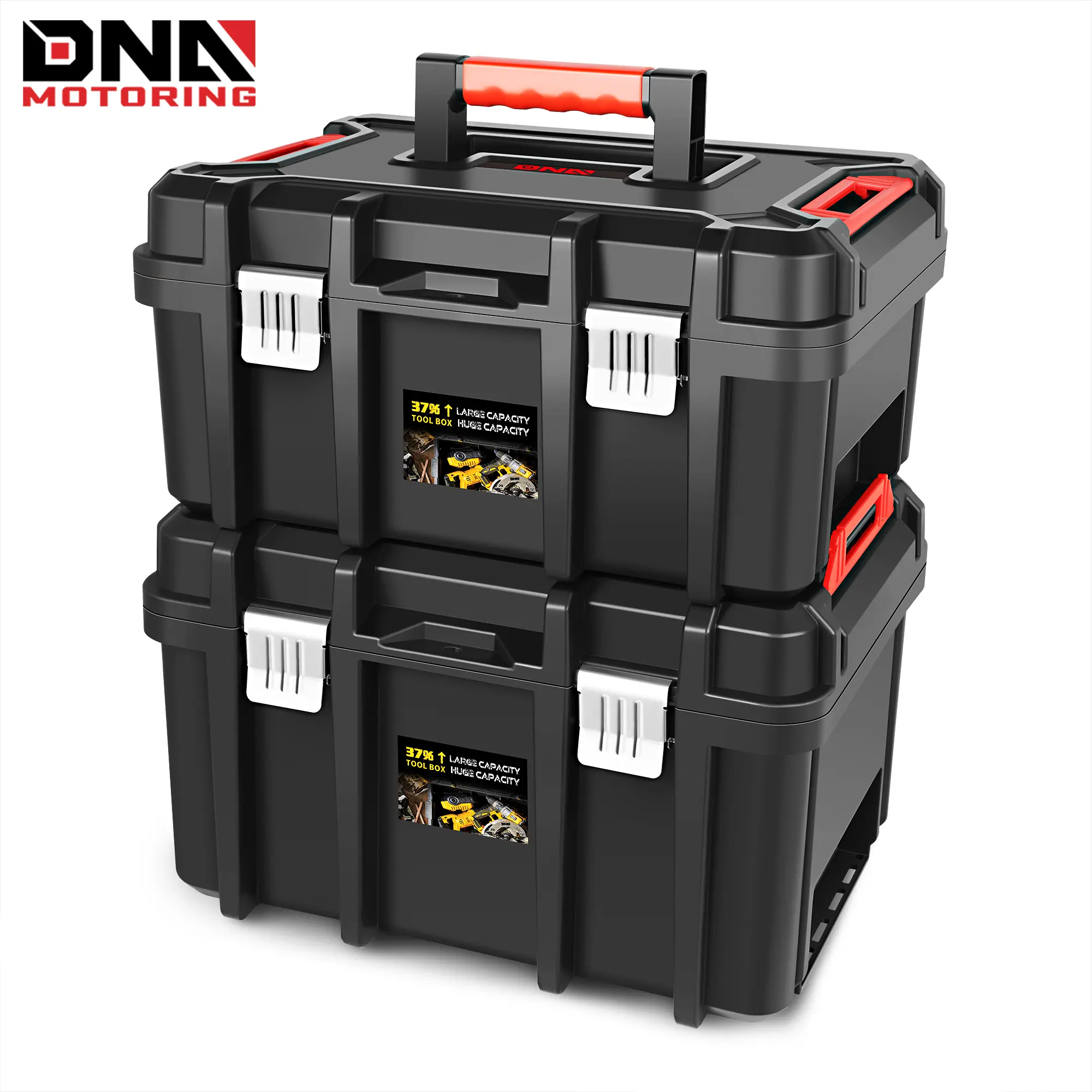 DNA MOTORING 2-Piece Portable Tool Box Set, Lockable Toolbox Organizer with Removable Tray for Garage, Workshop & Household Tool Storage