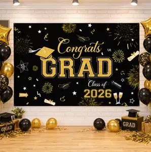 SummerVibes 47.24 x 70.87 Inch Graduation Decorations 2026, Blue Congrats Grad Banner Backdrop, Class of 2026 Party Supplies, Large Graduation Photo Booth Background, Party Decor with Stars Caps Confetti