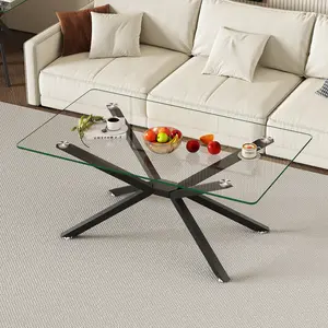 Eyisean 39" Modern Rectangular Glass Dining Table, Clear Tempered Glass Coffee Table with Metal Legs, Center Coffee Table with Adjustable Feet for Living Room, Kitchen, Dining Room