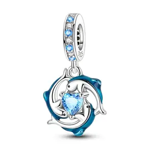 MULA Dolphin Heart Pendant - 925 Silver-plated Blue CZ Sea Animal Enamel Pendant, Romantic Dolphin Love Heart Beads, Compatible with Pandora Bracelets, Great Gift for Women Girls