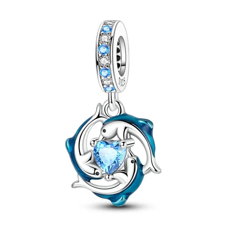 MULA Dolphin Heart Charm for Women, 925 Silver-Plated Animals Pendant with CZ, Pandora Compatible for Casual Wear, Cubic Zirconia