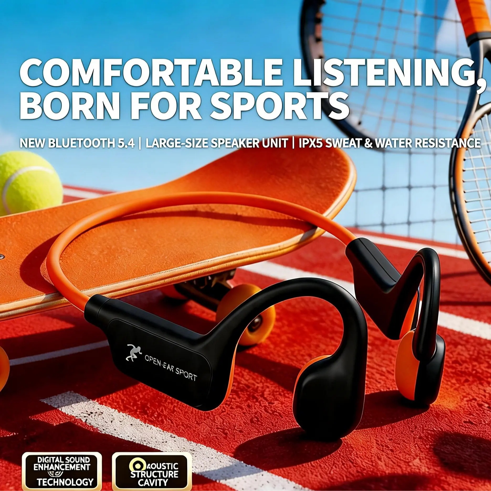 2026 Cordless USB Rechargeable Open-Ear Bone Conduction Headset - Bluetooth 5.4 Type-C, Titanium Build, Noise Adjustment, Volume Control, Microphone, IPX5 Waterproof, 18-Hour Playback, Lightweight Skin-Friendly Material, for Outdoor Activities, Mobile Use