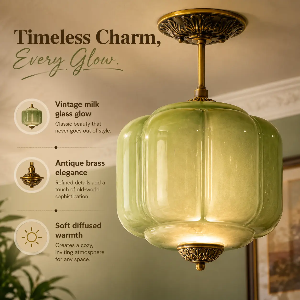 Antique Brass Milk White Glass Ceiling Light Fixture - 9 in Semi-Flush Mount, Diffused Light, Line Voltage for Kitchen, Hallway