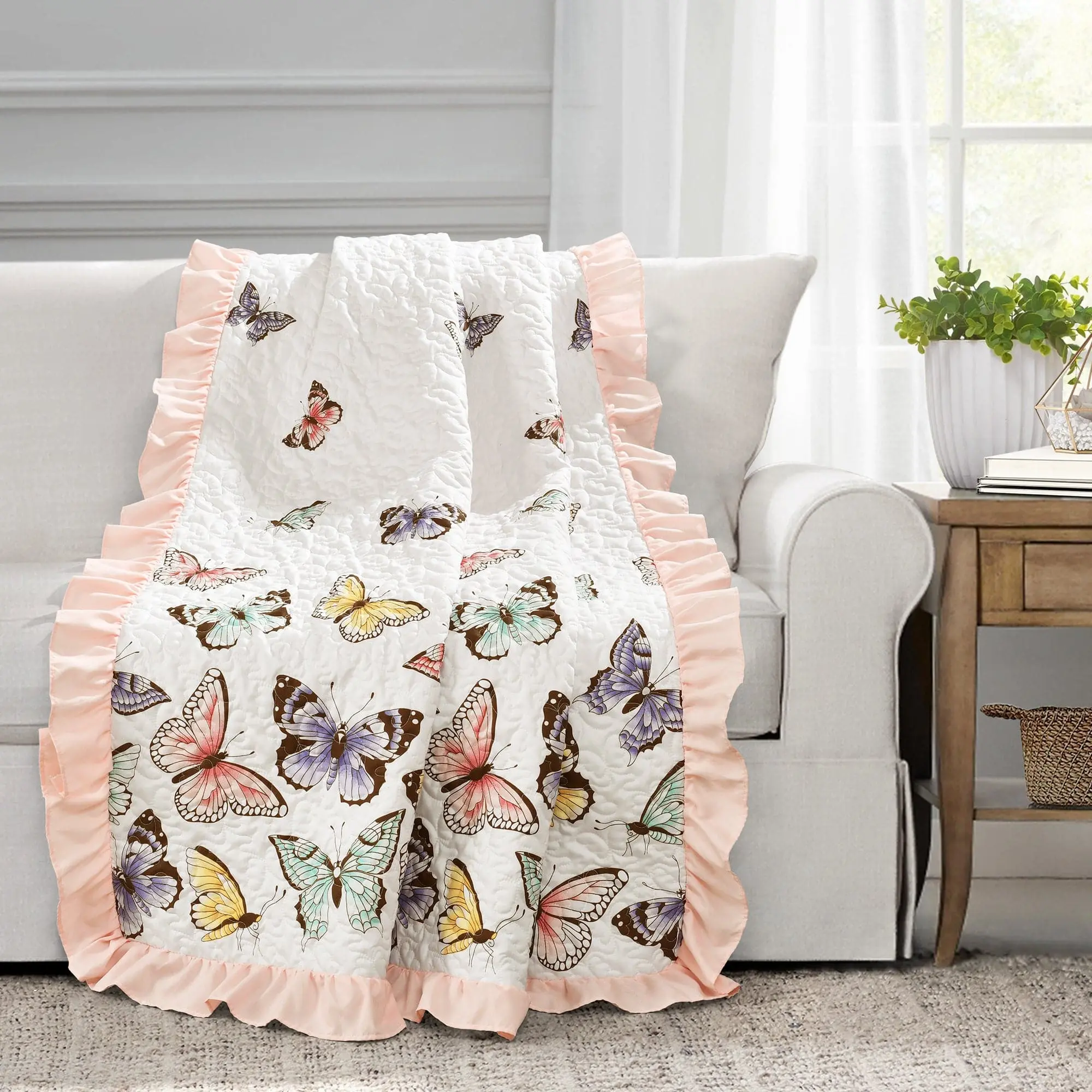 Lush Decor Flutter Butterfly Pattern Blanket - 100% Polyester Soft Cozy Cuddly Throw with Ruffled Trim - For Toddler Beds - 50"W x 60"H, Soft Cozy Blanket, Cuddly Throws