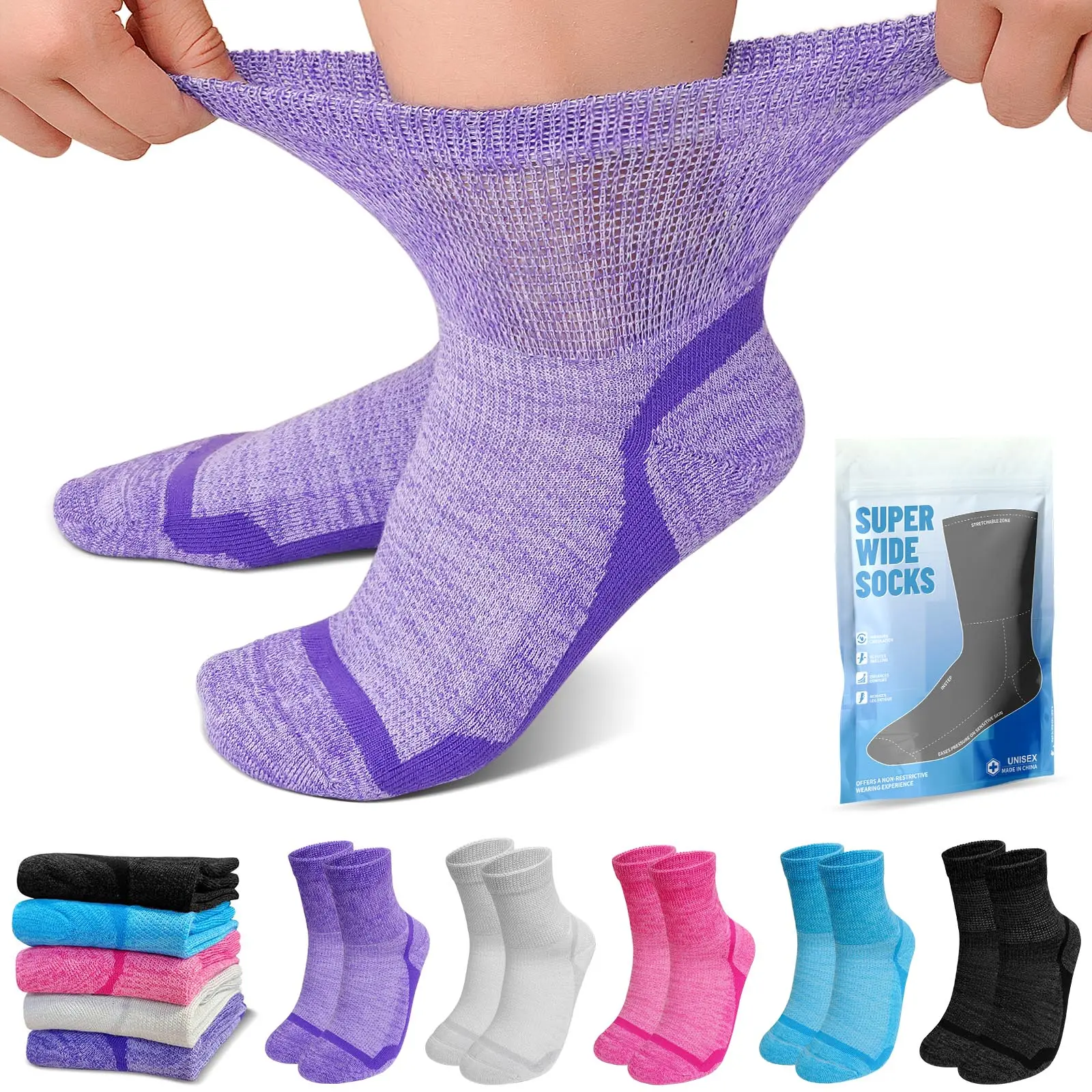 AMITOFO Unisex Diabetic Socks (5 Pairs) - Bamboo Viscose, Stylish,Breathable Soft Fabric, Non-Binding Extra Stretch,Fade Resistant, Keeps Shape Daily Wear, MachineWash, Loose Fit for Circulatory IssuesFoot Pain Relief, All Seasons Womenswear Knit