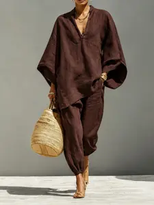 Women's Summer Loose Fit Solid Linen Deep V Neck Batwing Sleeve Pants Set, Casual Long Length, Comfortable Daily Wear, Multiple Colors Available
