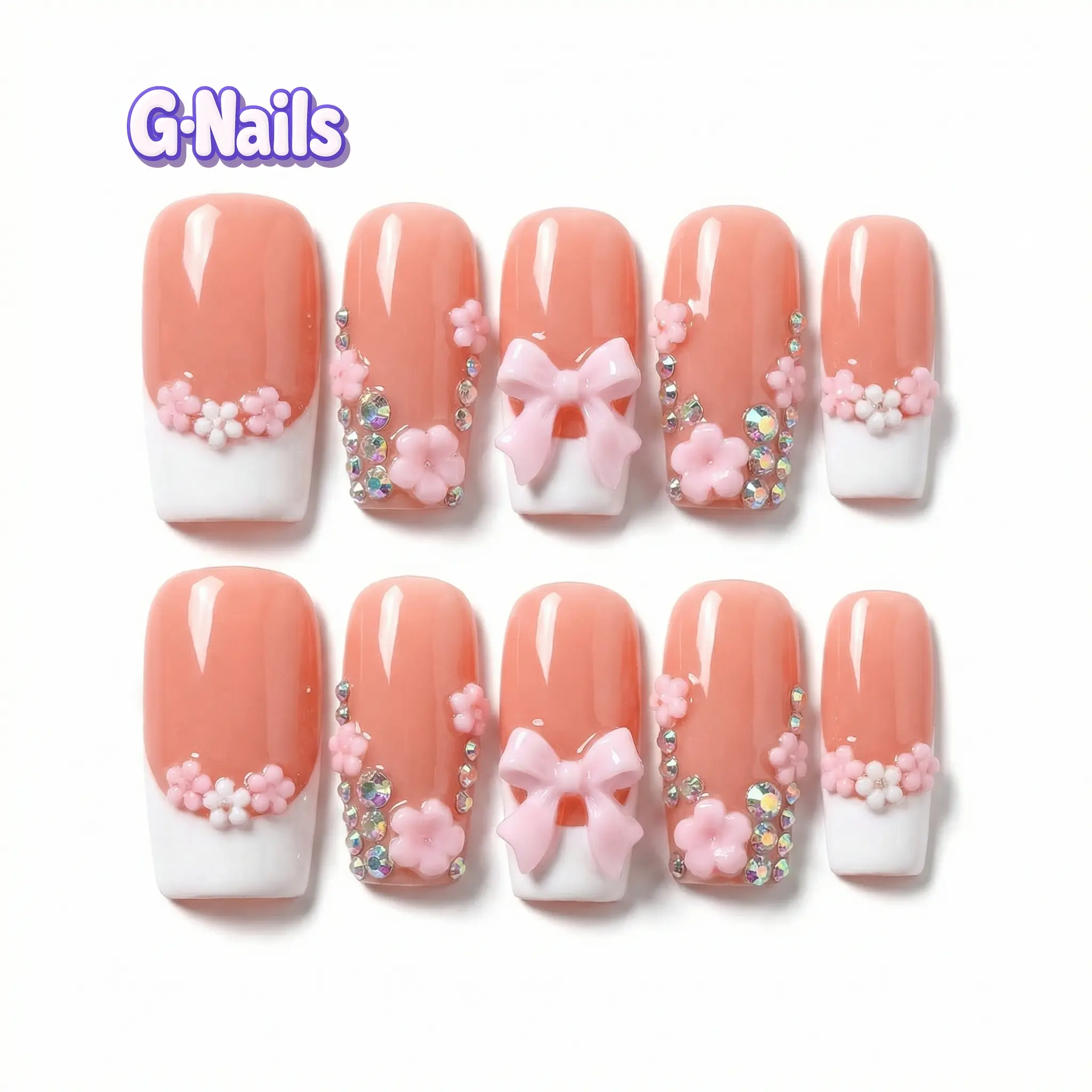 G Nails B07 Sprinkle Pink 3D Floral 10pcs Handmade Press On Nails with Glue & Tool Kit for Everyday Spring Manicure Women Pinknails Squarenails Reusablenails Springnails, Nail Tips Art