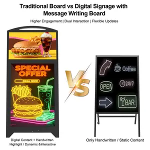 43'' portable digital signage with 21.5'' LCD Screen and 32'' LED Message Writing Board, Advertising Display Battery portable Digital Signage for Restaurant, Cafe, Retail and Bar
