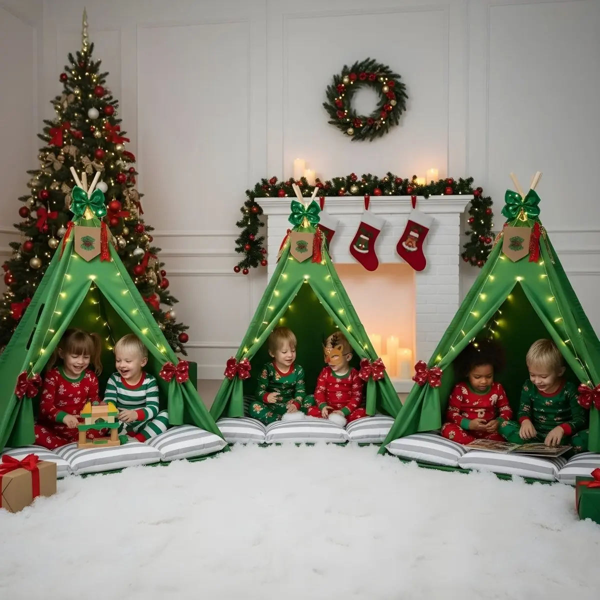 Magical Luxury Christmas Sleepover Kit - Adventure-Themed Teepee Tents, Stripe Banners, Fairy Lights, Pillow Beds, Masks, Photo-Ready Party Favor Jars (Home & Festive Party Supplies, Festive Decorations)