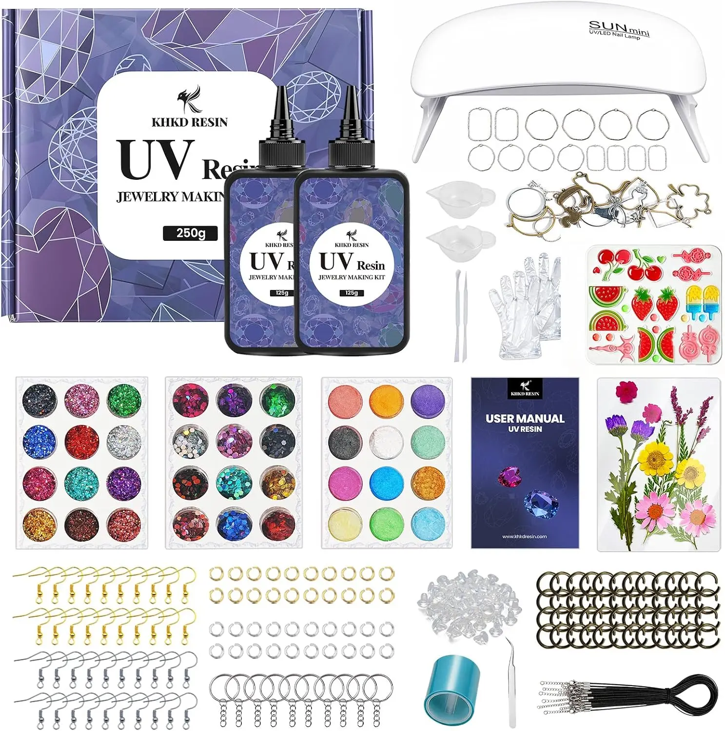 UV Resin Jewelry Making Kit 250g Crystal Clear Resin| 300 PCS All-in one Crystal Clear DIY Jewelry Making Kit, UV Resin Molds, Resina Starter Kit for Keychain and Earring