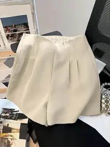 Elegant High-Waisted Elastic Zipper Wide-Leg Shorts, Minimalist Chic Casual Fashion Pleated Fitted Women's Shorts for Summer Outings, Stylish Women's Clothing Womenswear