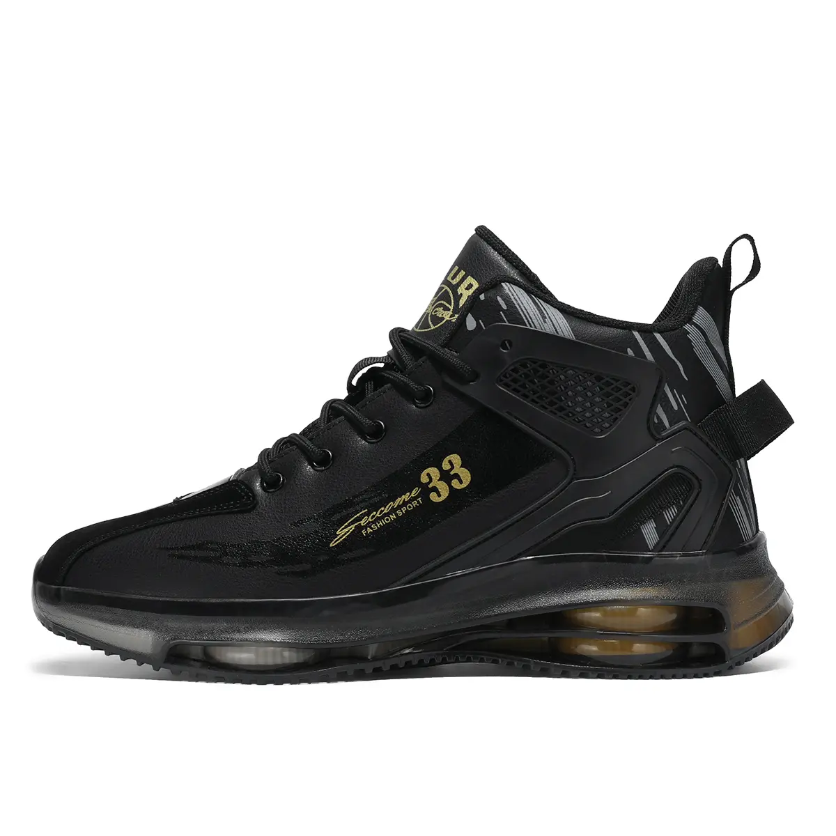 Tech-Style Air-Cushion Sneakers – Men's Black & Gold Futuristic Trainers, Structural Exoskeleton Athletic Shoes for Gym & Streetwear