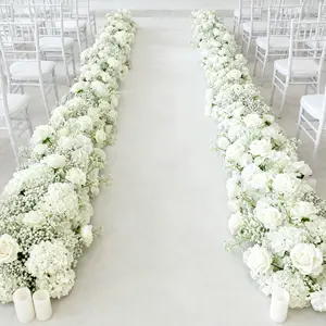 Pre-Arranged Silk Flower Table Runner 40"x16" – White Roses, Hydrangeas & Baby's Breath for Wedding Table & Arch Decor