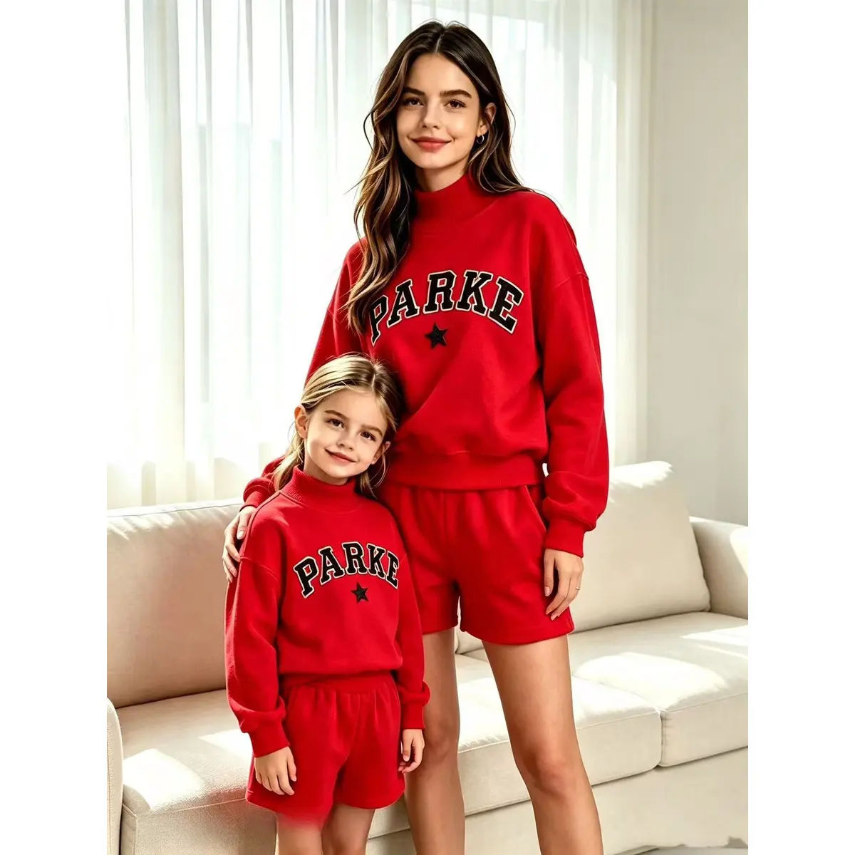 2026 women's new PARKE letter semi high neck parent-child hoodie set, loose American casual two-piece set