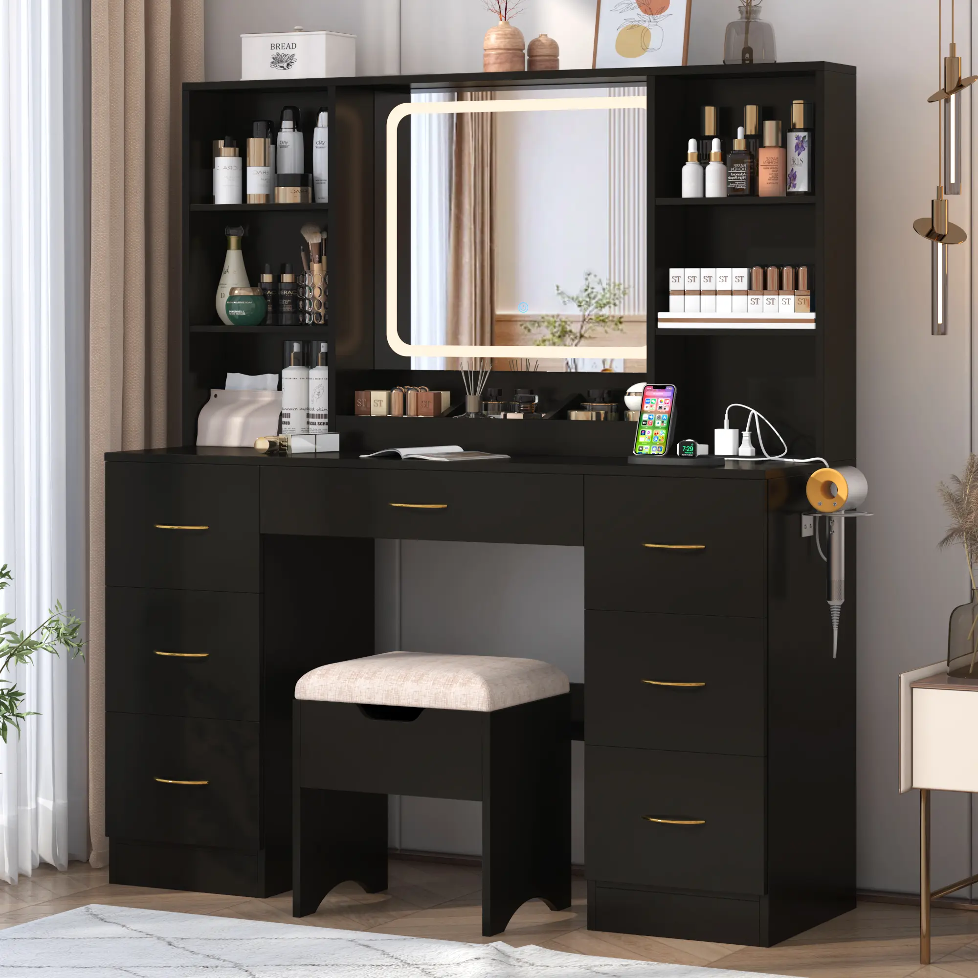 Women's 47in Sturdy LED Makeup Vanity Desk with Built-in Light Fixture Mirror, Drawers, Storage, Vanity Chair - Modern Set, 3 Lighting Modes for Indoor Furniture Use
