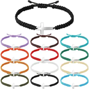 12 count Friendship Cross Bracelet Bulk for Women Men  Christian Handmade Adjustable String Nylon Rope Braided Matching Bracelet for Graduation Baptism BFF Lucky Gifts