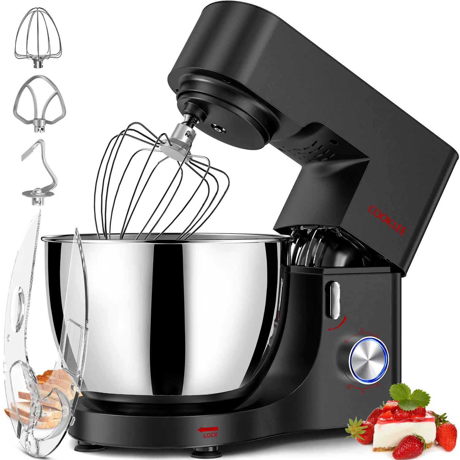 COOKLEE 9.5 Qt 660W Stand Mixer - 10-Speed Electric Kitchen Equipment, Home Appliances with Dishwasher-Safe Attachments (Bread Dough Hook, Flat Beater, Wire Whip, Pouring Shield) for Home Bakers