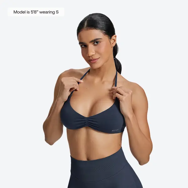BetterMe SculptMe Women's Sporty Workout Bra - Midnight Navy Halterneck Backless Strappy Twill Knit Nylon Spandex, Stretch Breathable Gently Supported Soft Seamless Wireless, Cold Wash for Yoga Gym Wear, Womens Tops