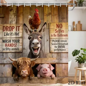 Funny Farm Shower Curtain with Donkey Chicken Cow Pig Design, Bath Curtain Suitable for Bathroom Decor, with Hooks, Water Washable Window Panel for Bathtub Door Covering